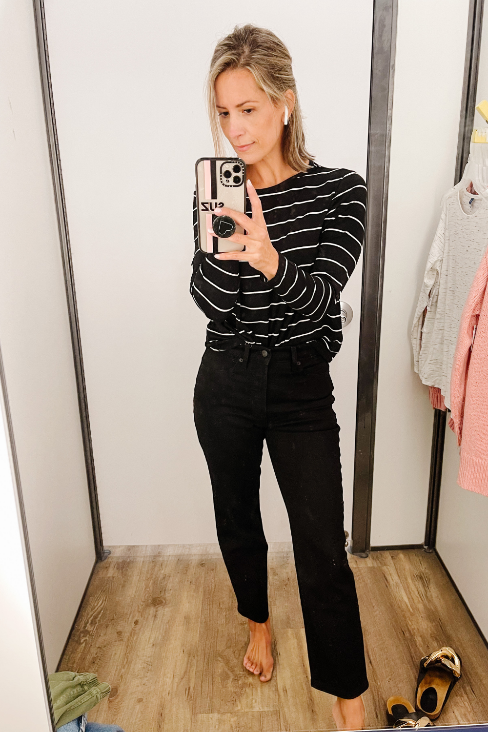 Old Navy Mini Early Fall Try On, black and white stripe tee shirt and black jeans