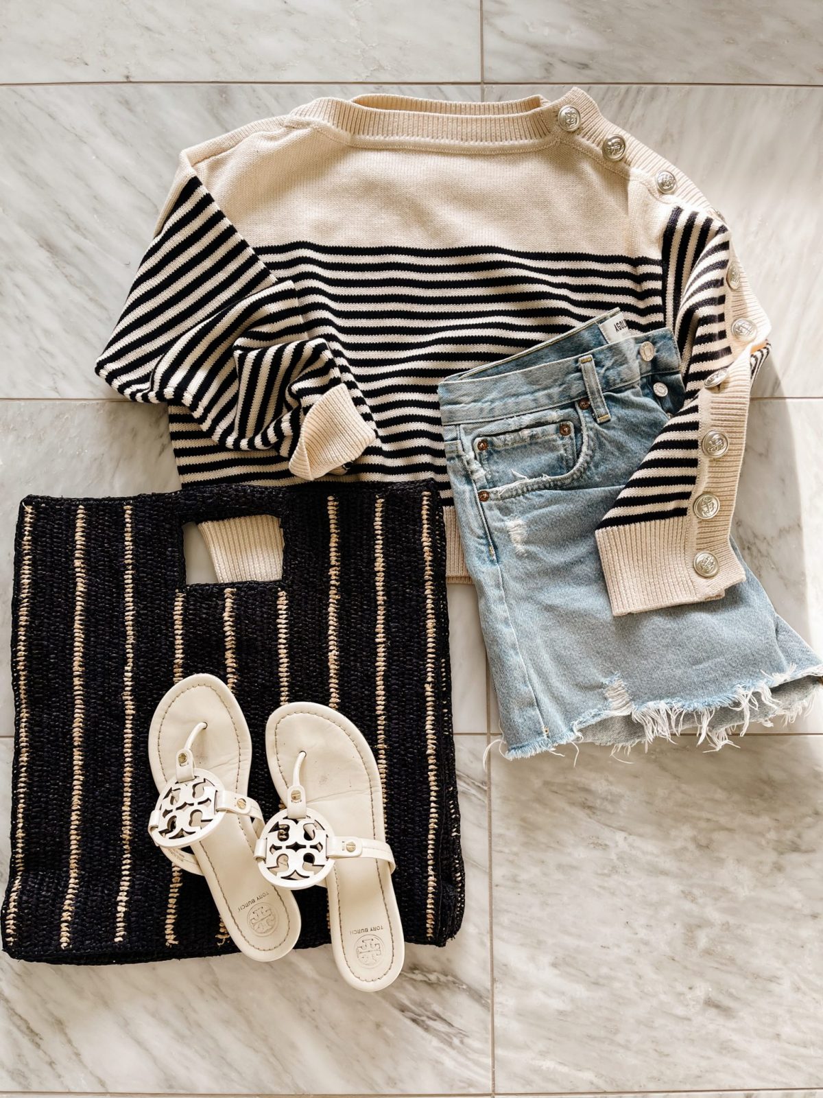 Striped sweater, denim cut offs, striped bag, and sandals