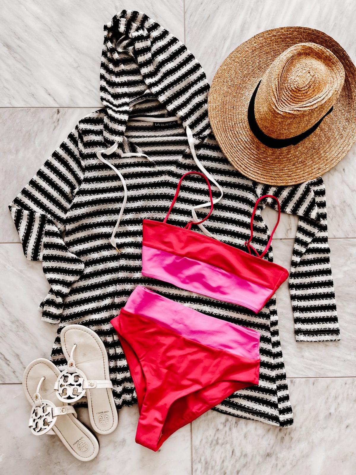 High waisted bikini, striped cover up, straw hat