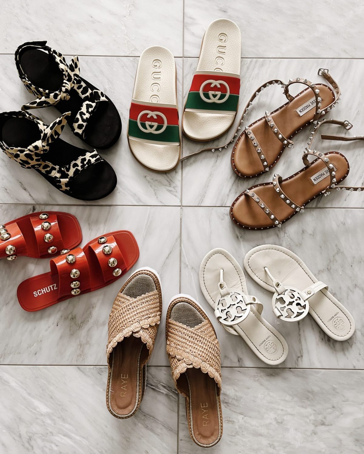 Six pairs of sandals arranged in a circle