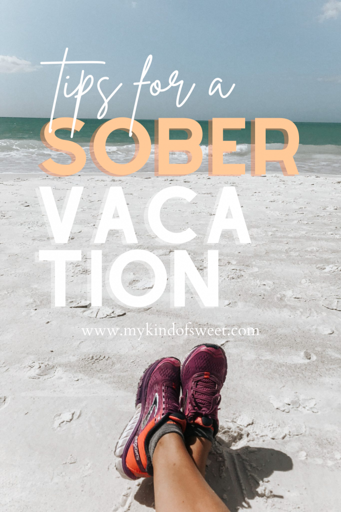 "Tips for a sober vacation" graphic with a background of the beach 