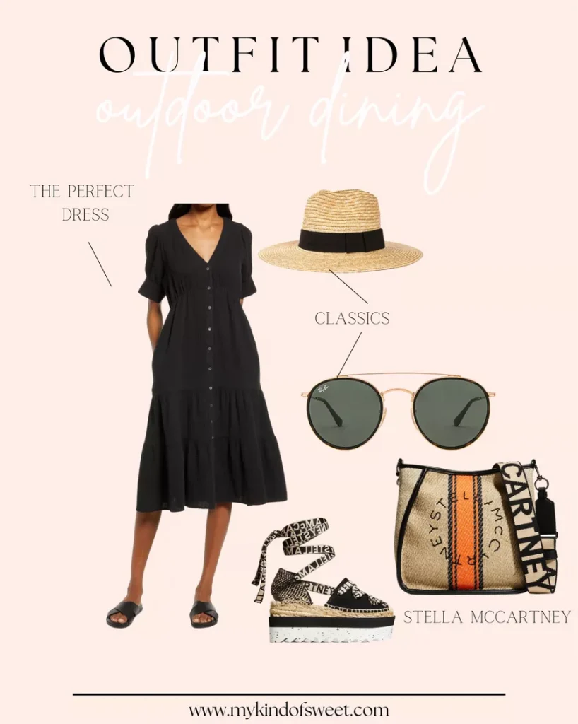 A graphic with an outfit idea for outdoor dining: black button down dress, straw hat, Stella McCartney accessories 