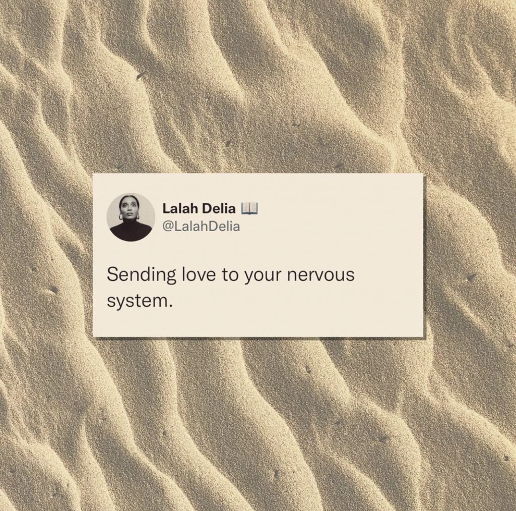 A tweet by @LalahDelia that says, "Sending love to your nervous system."