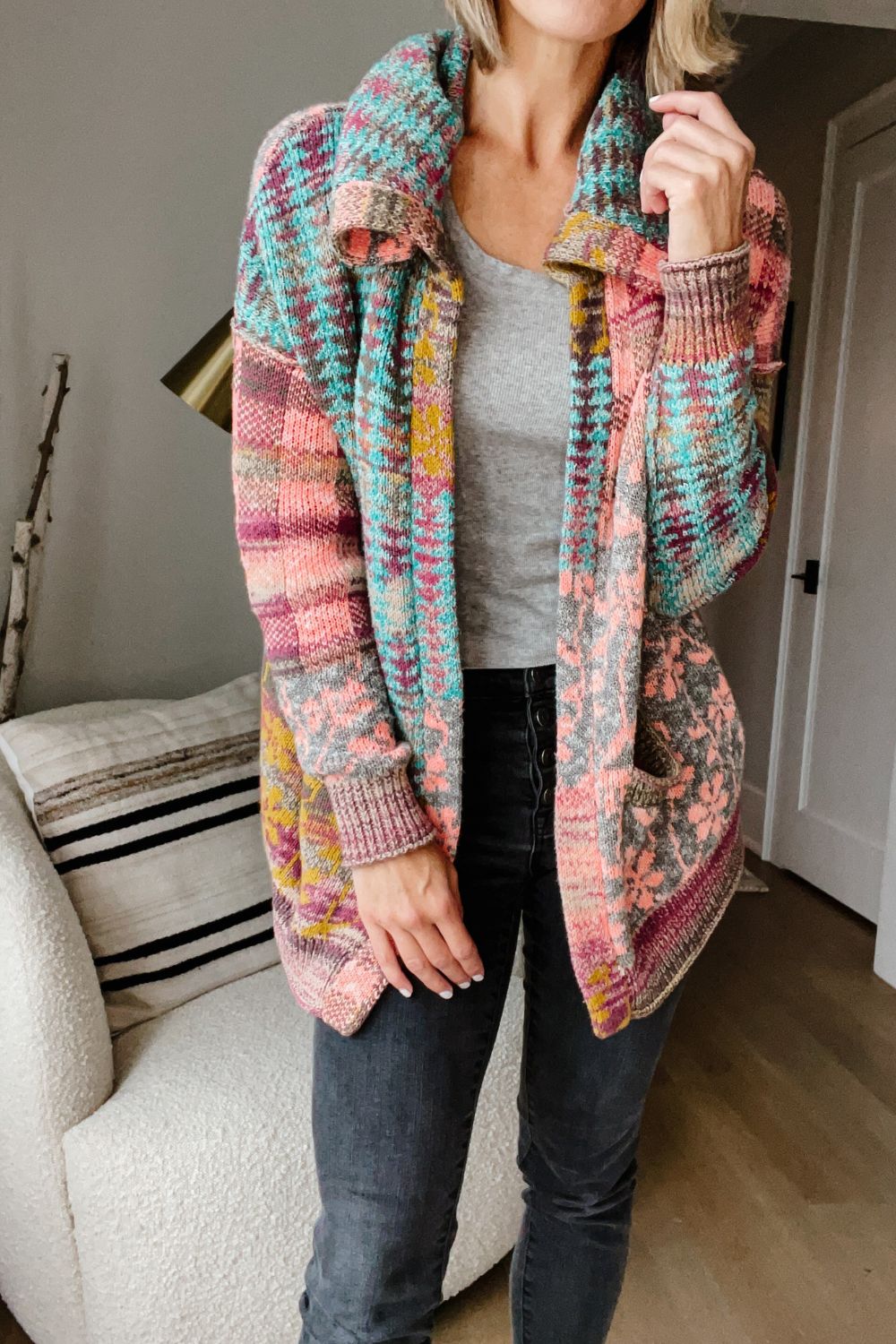 Suzanne wearing an Anthropologie cardigan