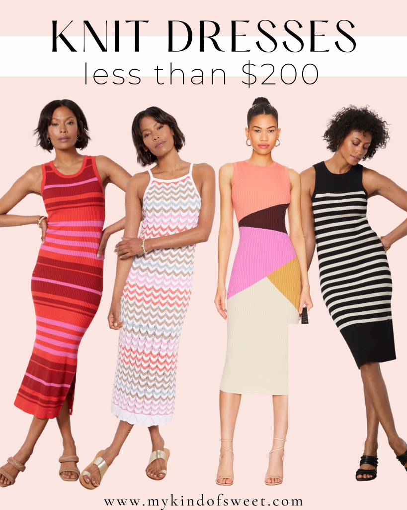 A collage of knit dresses less than $200