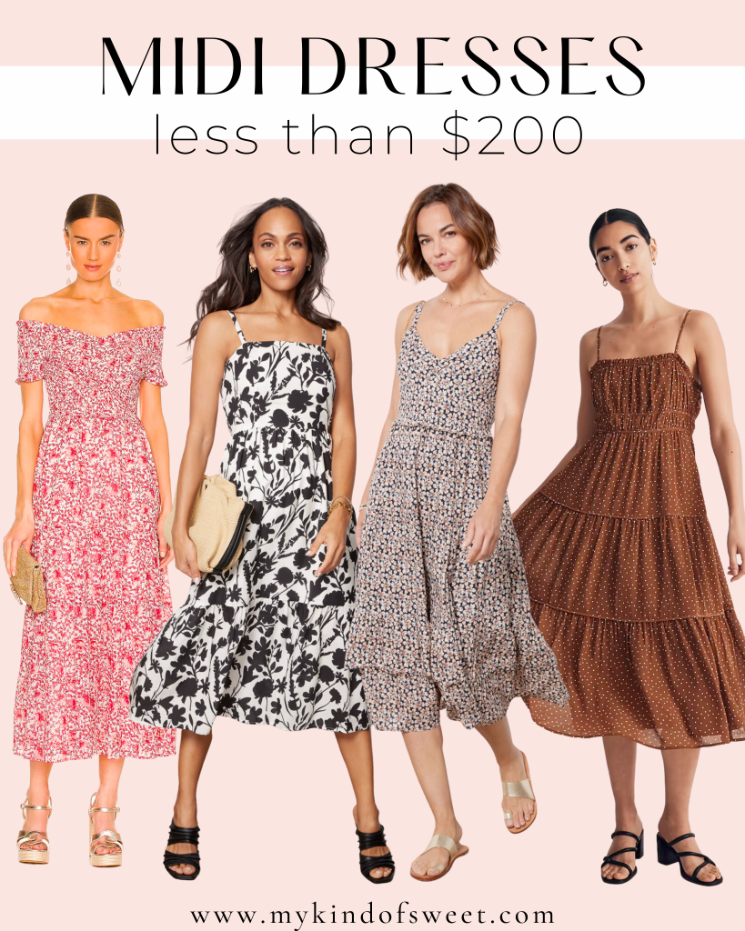 A graphic of midi dresses less than $200