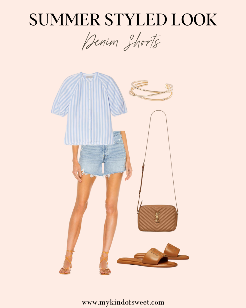 denim shorts, striped shirt, brown bag, gold bangle