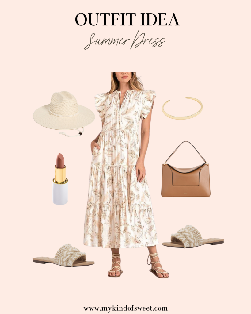 summer dress look, midi dress, sun hat, brown bag, gold bangle