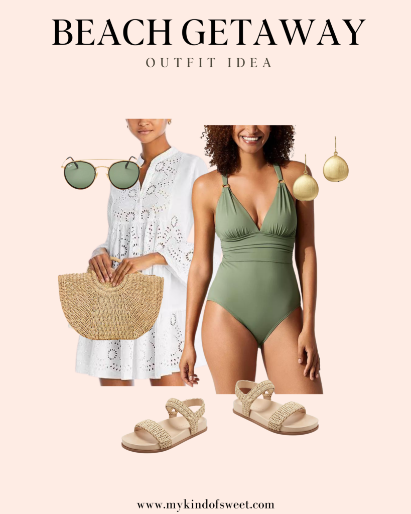 what to wear on a beach trip, swimsuit, cover-up, star bag, gold earrings