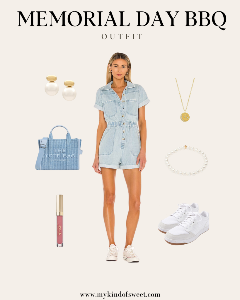 Memorial Day BBQ outfit, blue romper, pearl bracelet, white sneakers