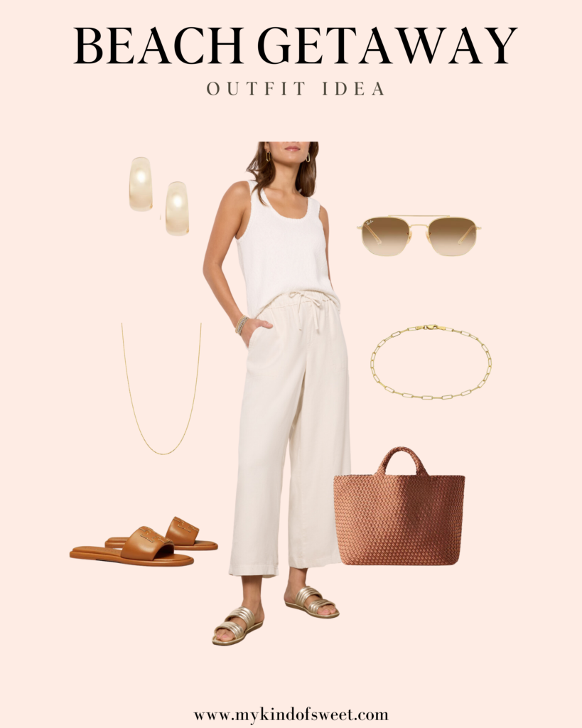 what to wear on a beach trip, tank top, linen pant, gold earrings, brown bag, sandals