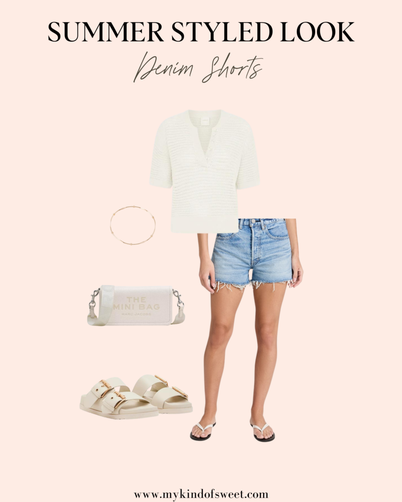 denim shorts, white knit top, slide on sandals