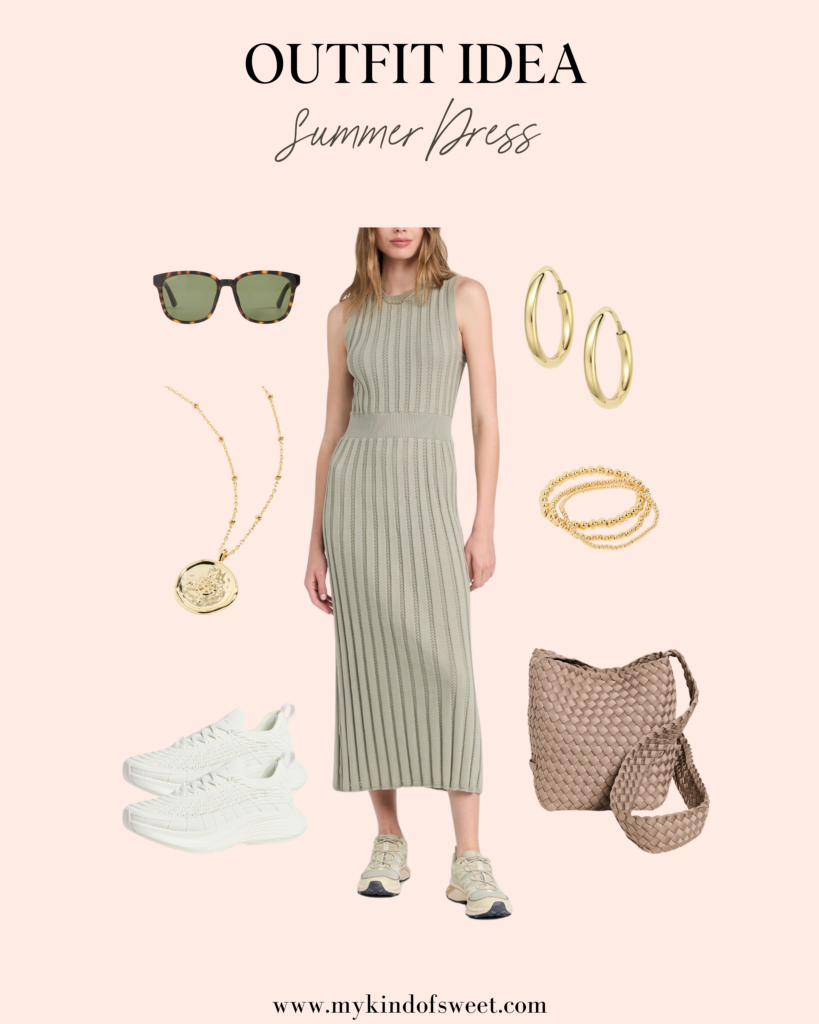 summer dress look, green maxi dress, sunglasses, white sneakers, brown bag, gold earrings