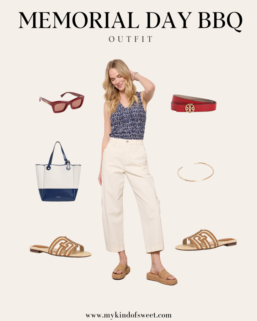 Memorial Day BBQ outfit, tank top, red belt, white and blue bag