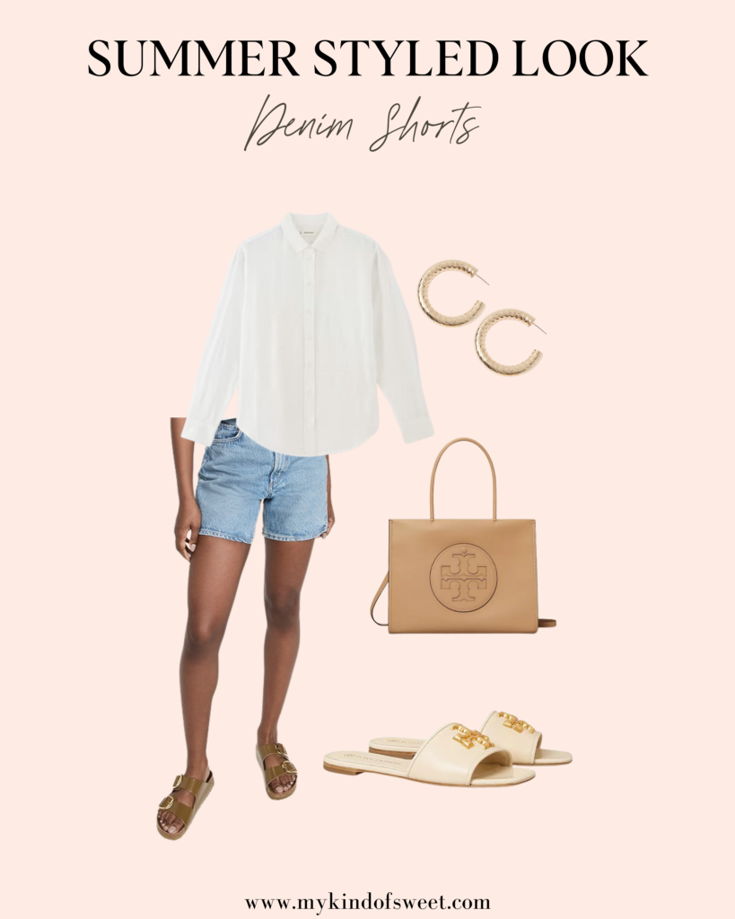 denim shorts, button up, gold hoops, sandals