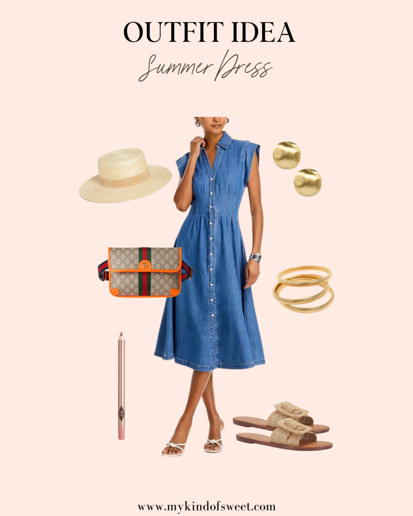 summer dress look, denim dress, gucci bag, sun hat, gold bangles, sandals