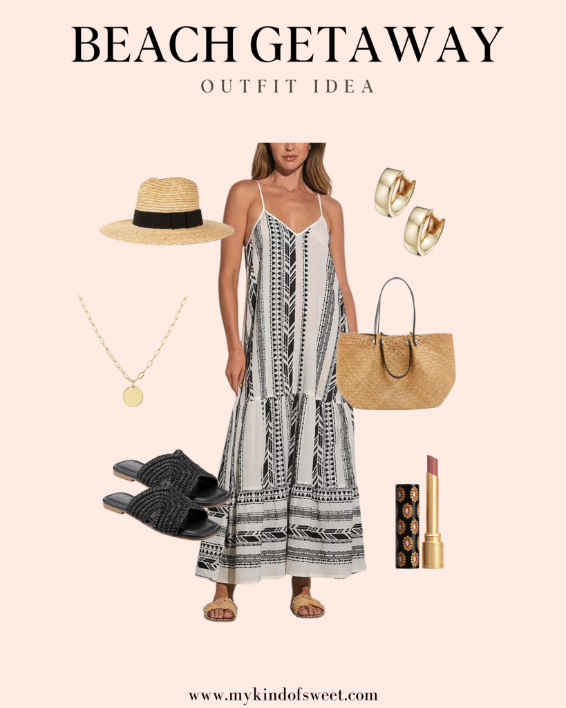 what to wear on a beach trip, maxi dress, straw hat, woven sandals, lipstick