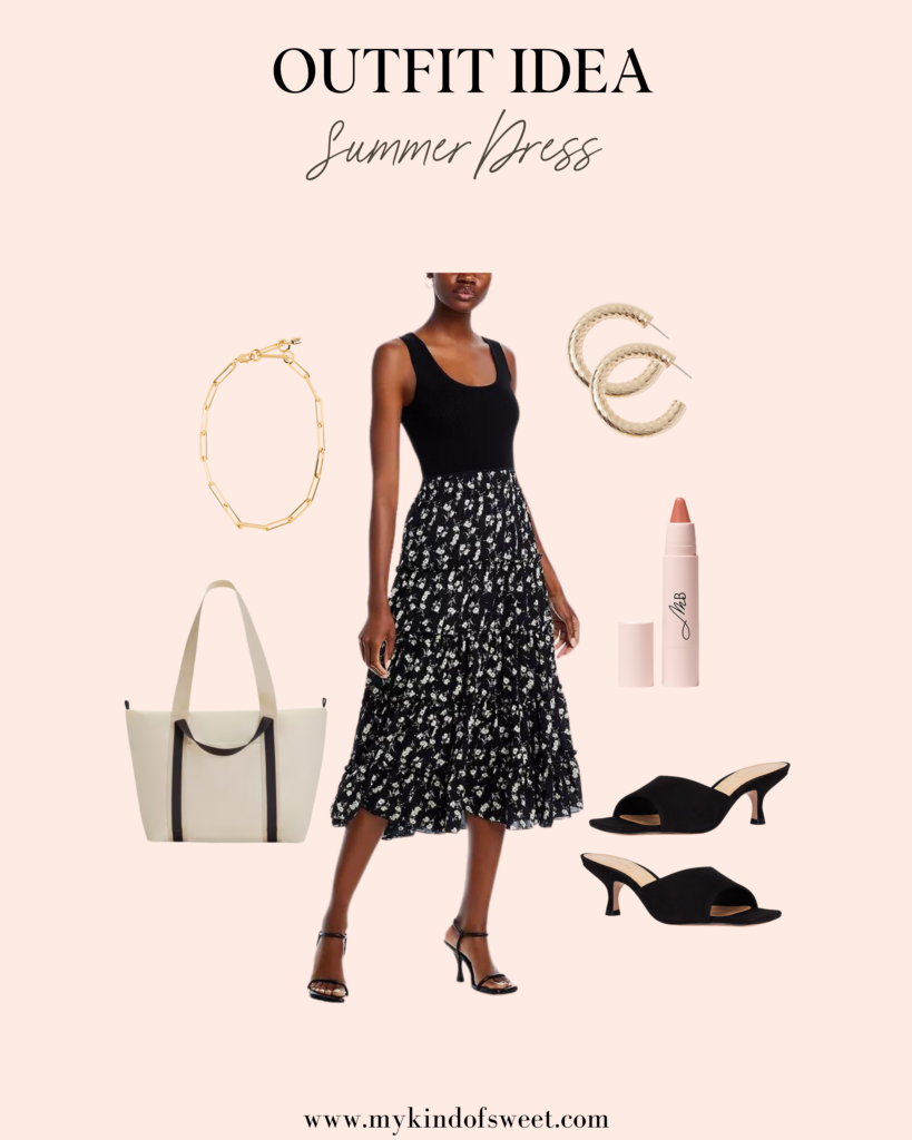 summer dress look, black dress, chain necklace, black heels, white bag