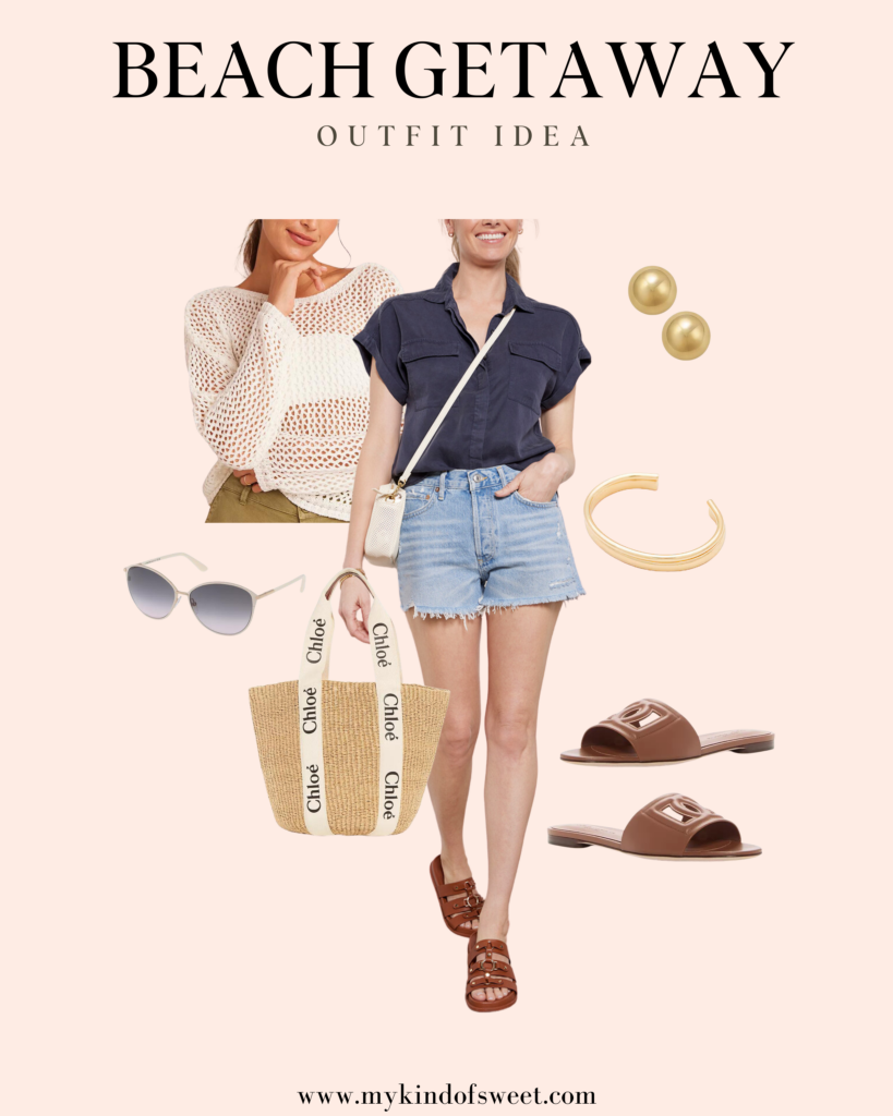 what to wear on a beach trip, denim shorts, crochet sweater, sandals, gold earrings