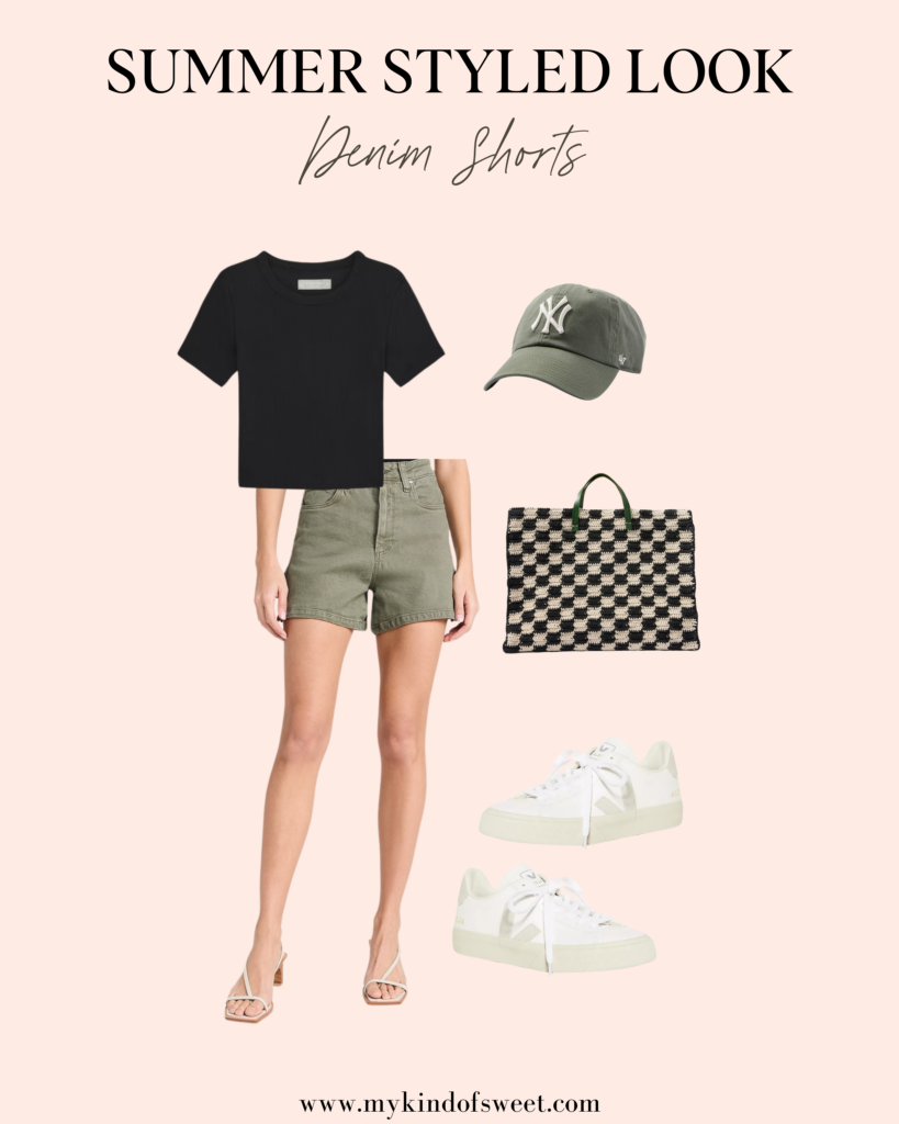 denim shorts, black tee, baseball cap. sneakers