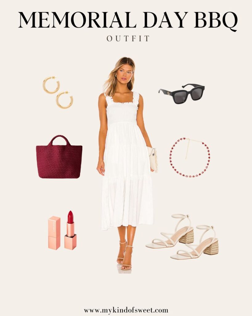 Memorial Day BBQ outfit, white dress, red bag, sunglasses, earrings