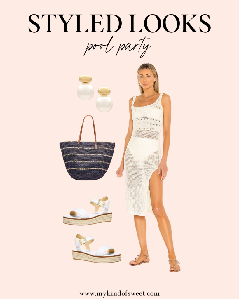 pool party looks, white coverup, navy bag, gold earrings, platform heels