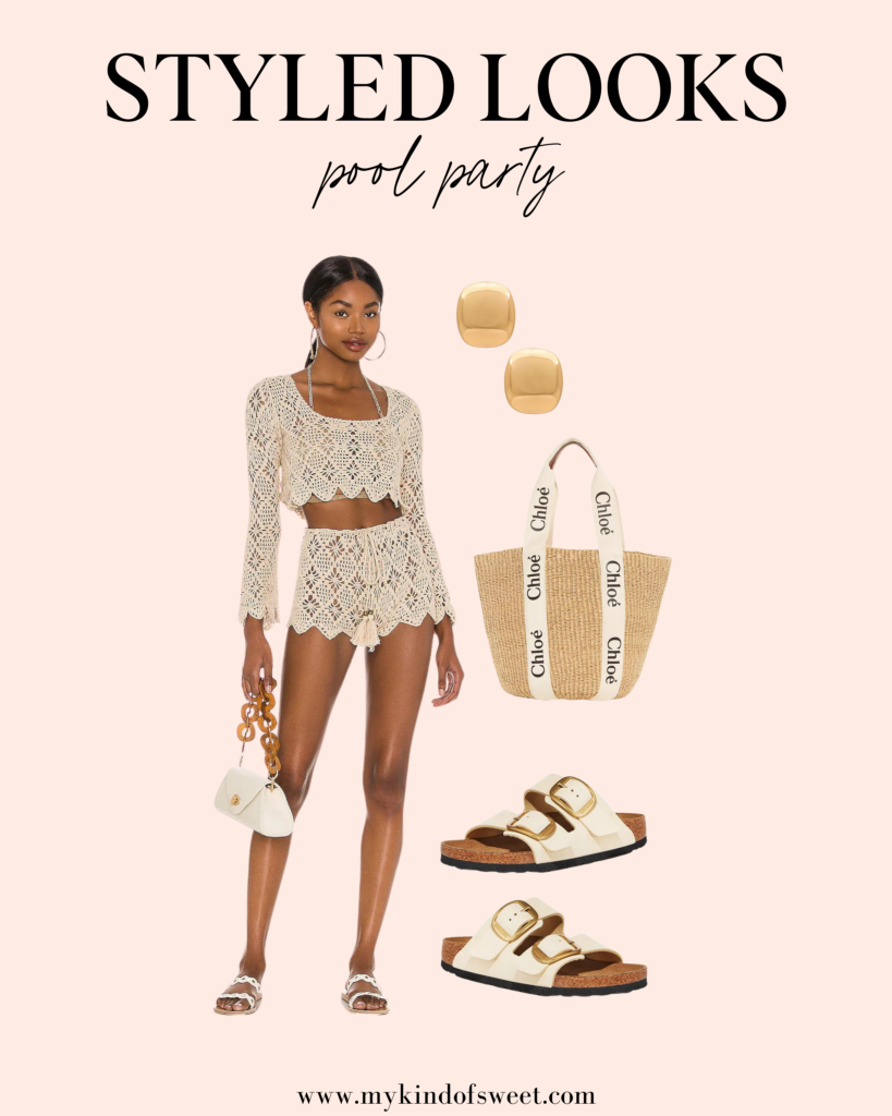 pool party looks, crochet set, gold earrings, straw bag, sandals