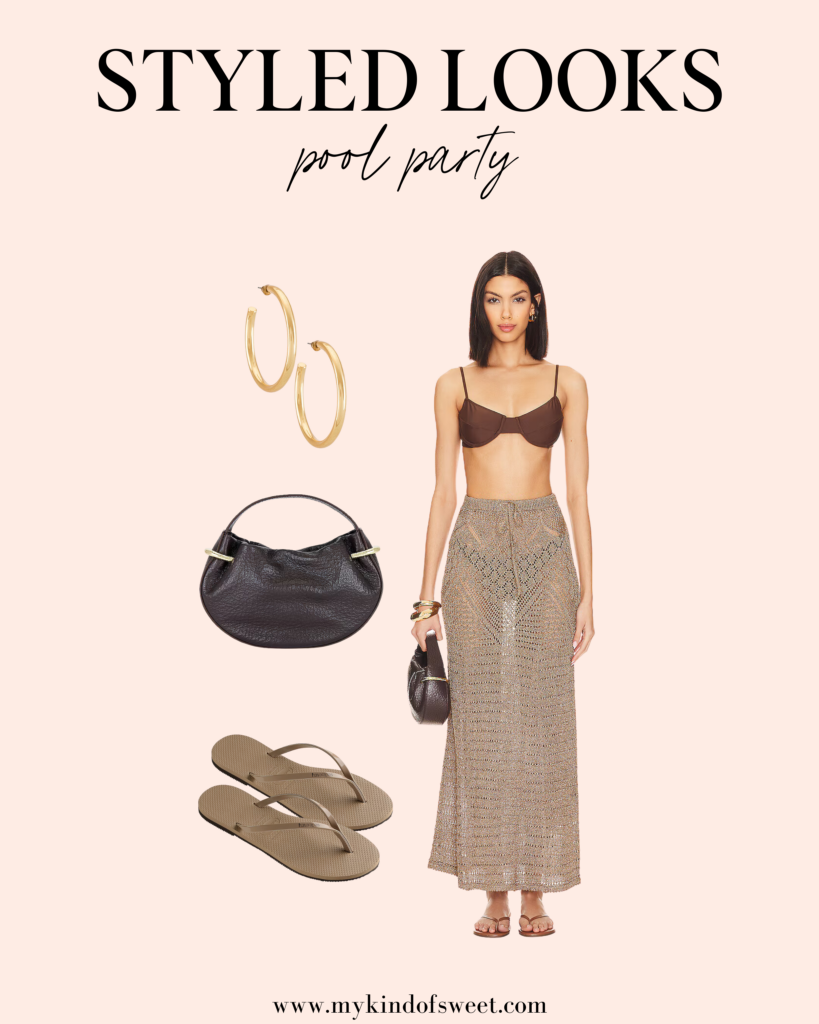 pool party looks, skirt, bikini, gold hoops, black bag, flip flops