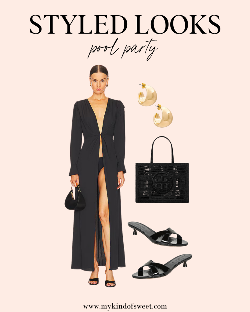 pool party looks, black cover-up, gold earrings, black bag, black heels