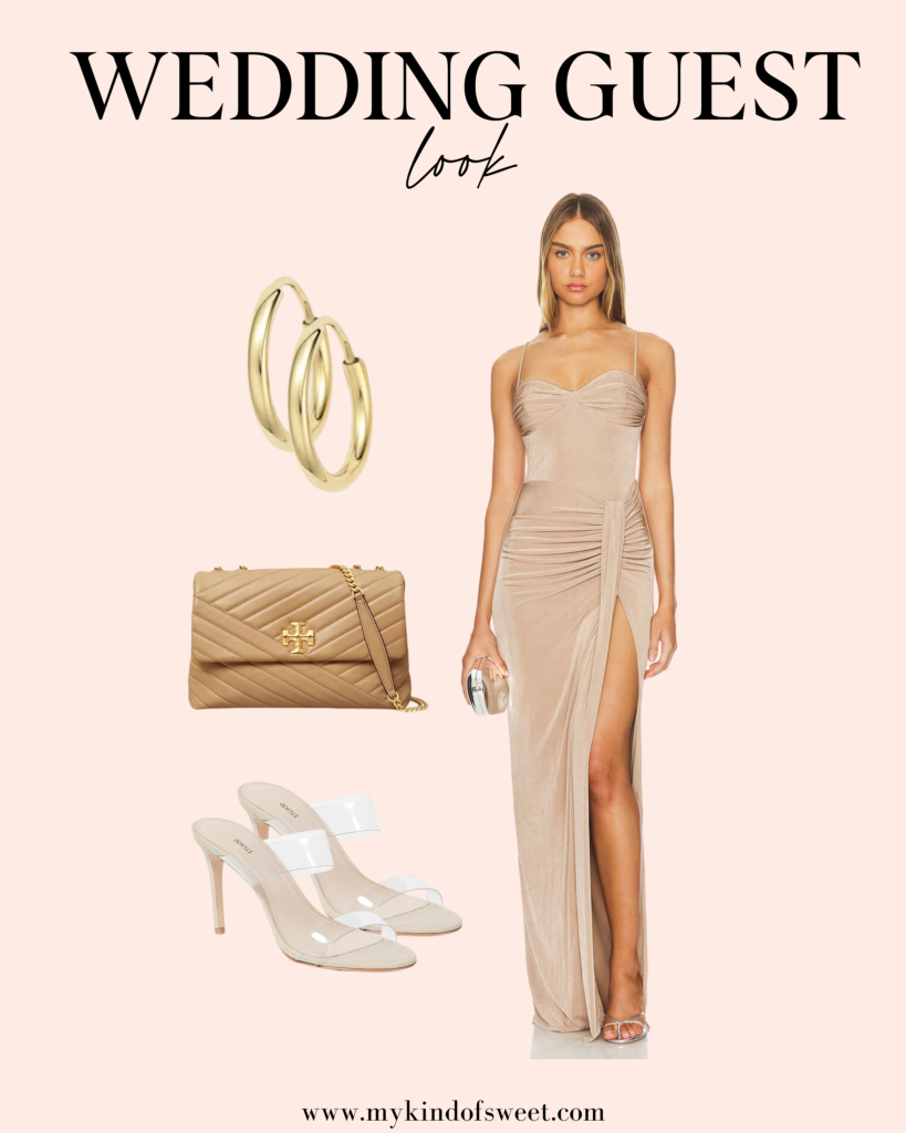 wedding guest look, gown, gold hoops, clutch, nude heels