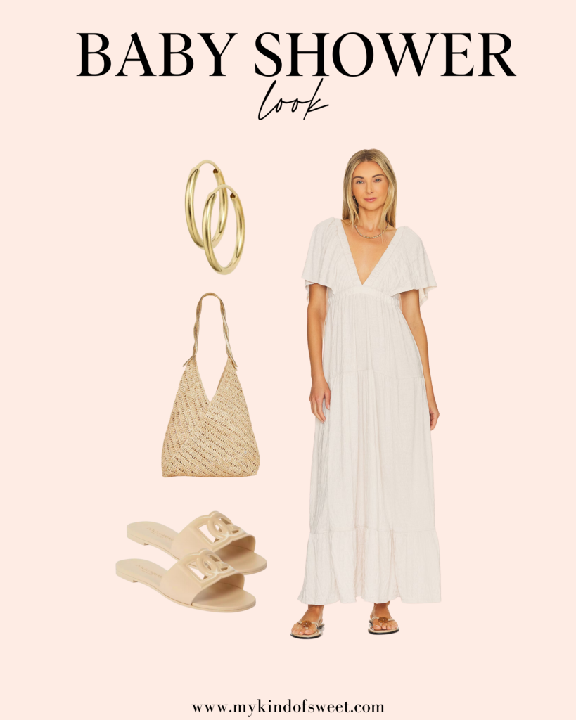 baby shower look, white dress, sandals, gold hoops, bag