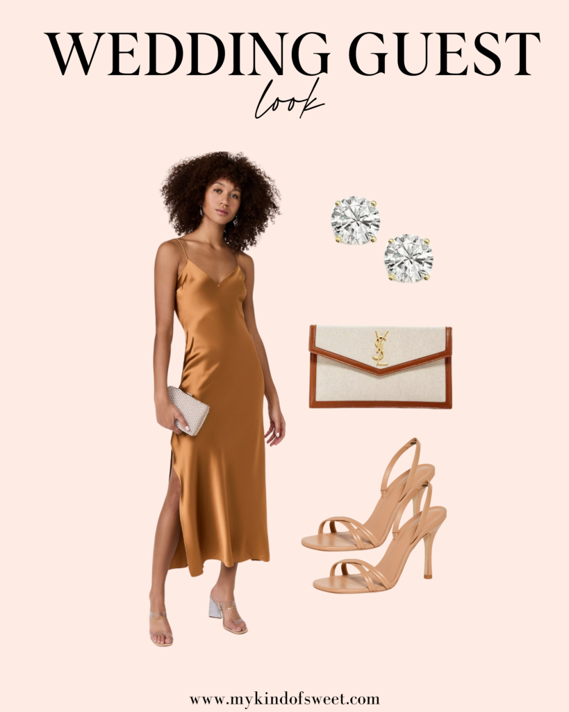 wedding guest look, diamonds, clutch, nude heels