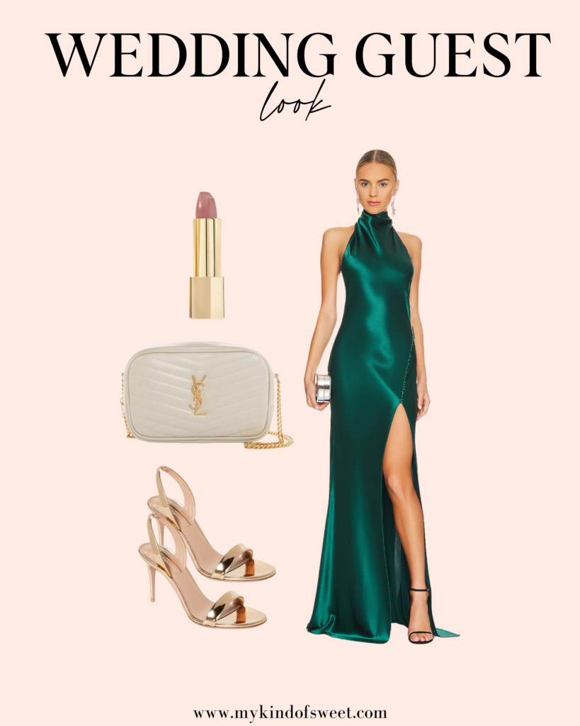 wedding guest look, green dress, white purse, gold heels