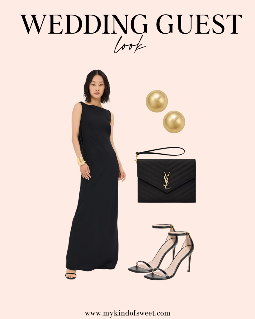 wedding guest look, black dress, black heels, black purse