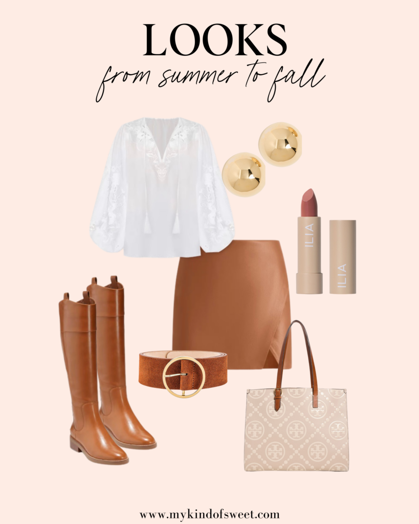 fall looks, transitional pieces, leather skirt, lipstick, gold earrings