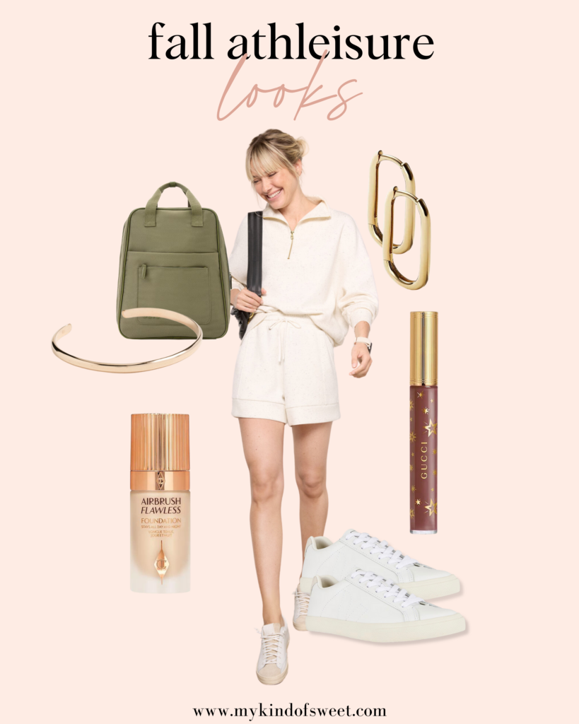 fall athleisure look, backpack, bangle, gold earrings, sneakers