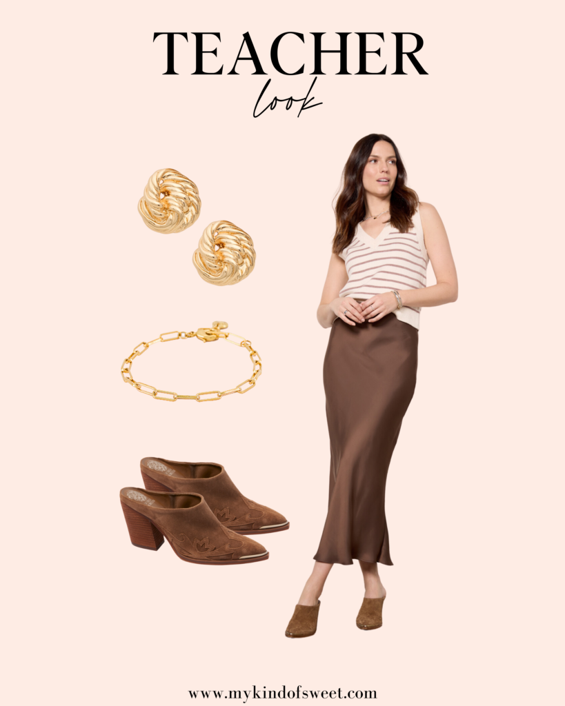 Back To School Teacher Looks, gold earrings, gold bracelet, brown clogs