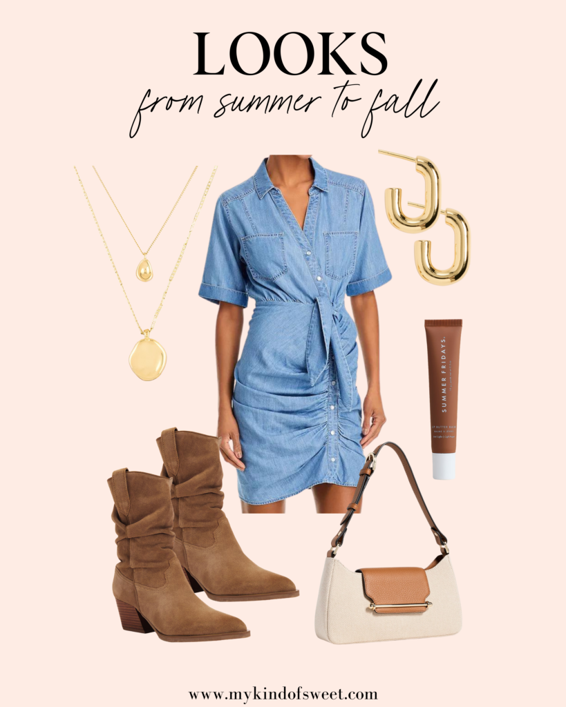 fall looks, transitional pieces, denim dress, gold earrings, gold necklace, boots