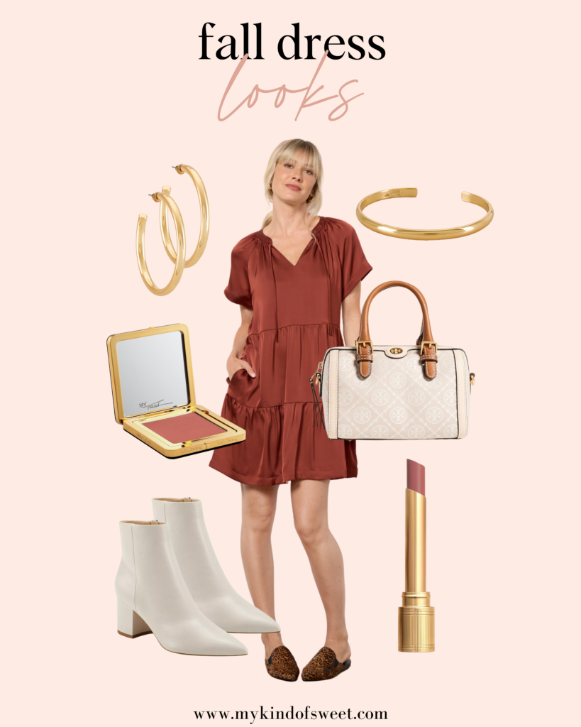 fall dress, gold earrings, neutral bag, white boots