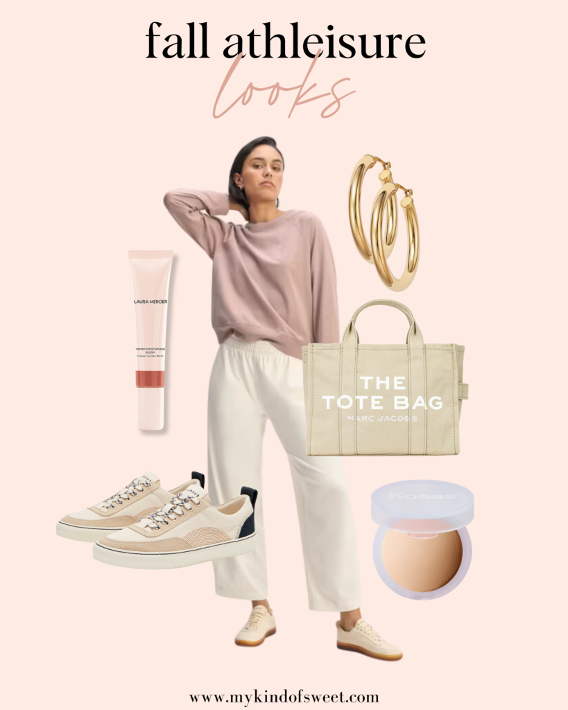 fall athleisure look, long sleeve, gold hoops, tote bag, sneakers