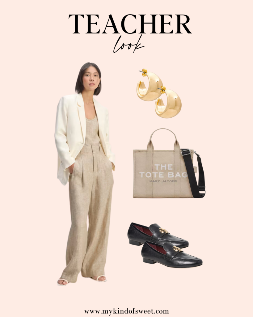 Back To School Teacher Looks, gold earrings, tote bag, loafers