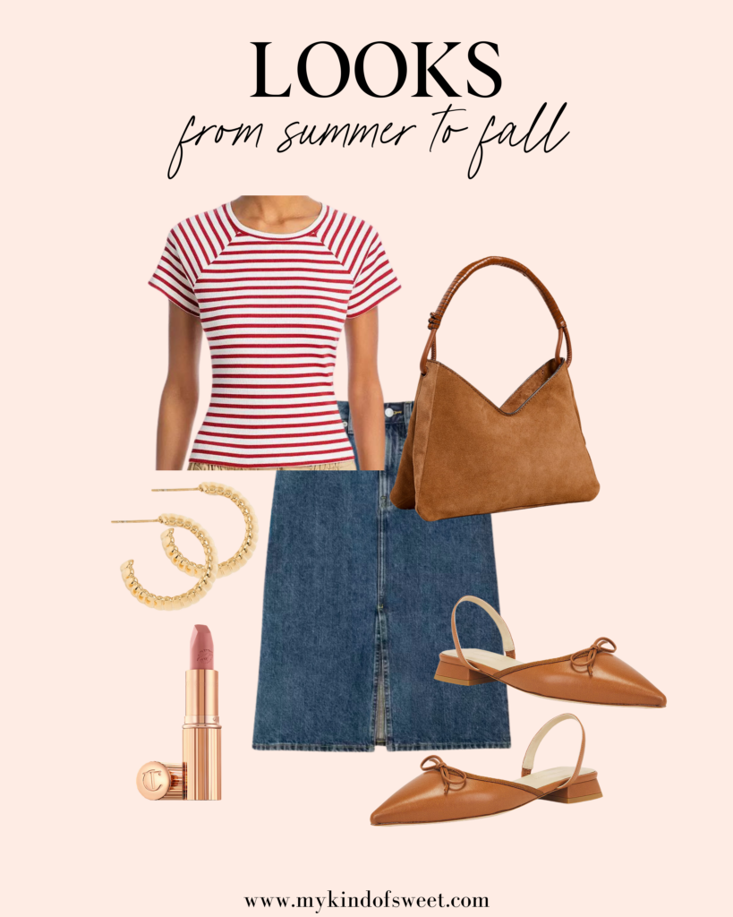 fall looks, transitional pieces, striped shirt, brown bag, denim skirt, brown flats 