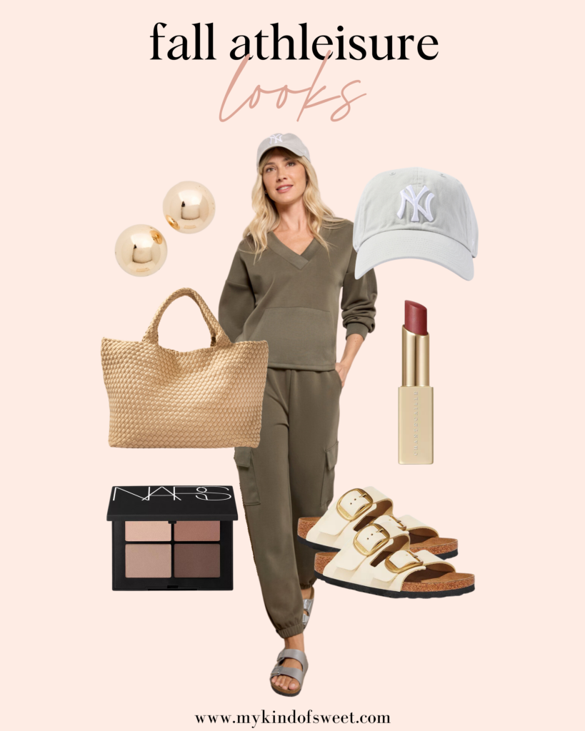 fall athleisure look, baseball hat, gold studs, tote bag, lipstick, birkenstocks