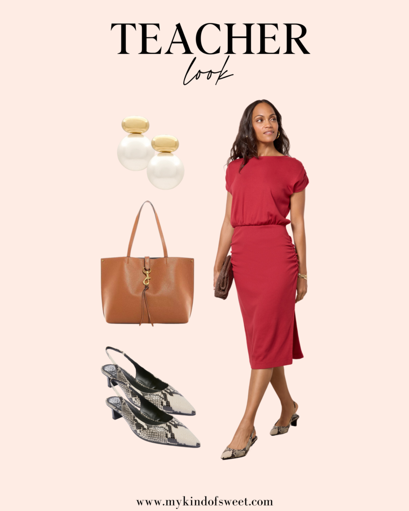 Back To School Teacher Looks, red dress, pearl earrings, brown bag, heels