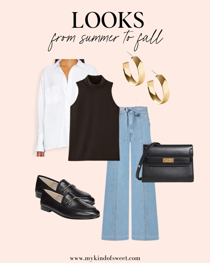 fall looks, transitional pieces, black tank, white button down, waist tie trousers