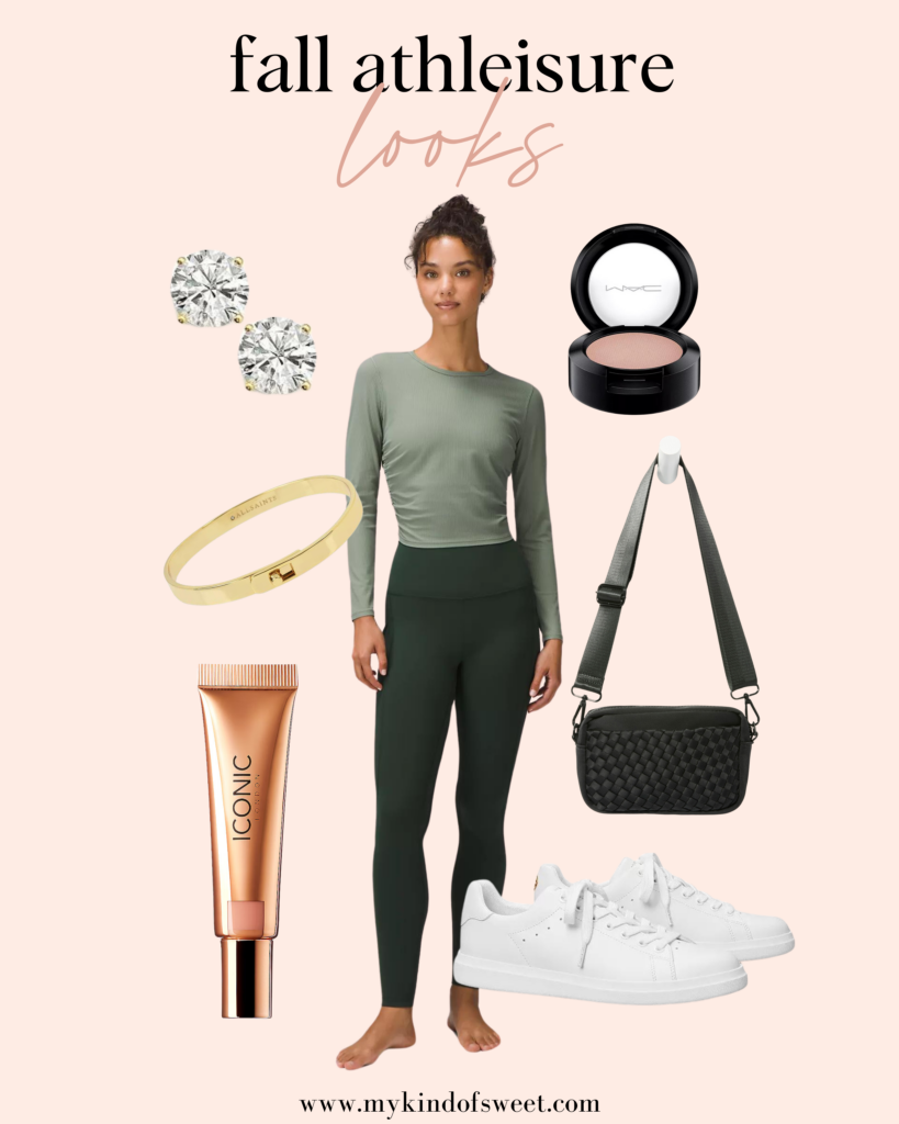 fall athleisure look, diamond earrings, black bag, gold bangle, white sneakers