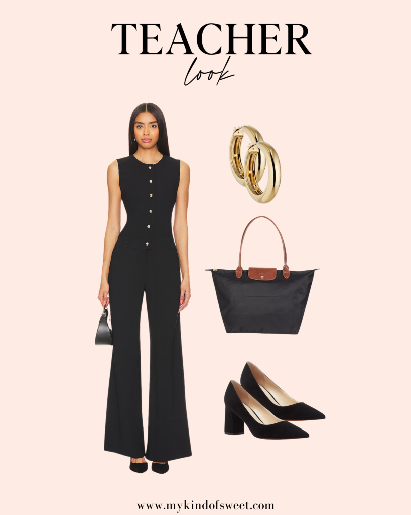 Back To School Teacher Looks, black jump suit, gold hoops, black bag, black heels